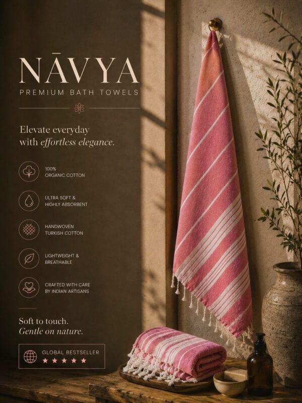 NĀVYA – Luxury Handwoven Bath Towel Set (Pack of 2) | Bestseller Rose Pink & Elegant Beige
